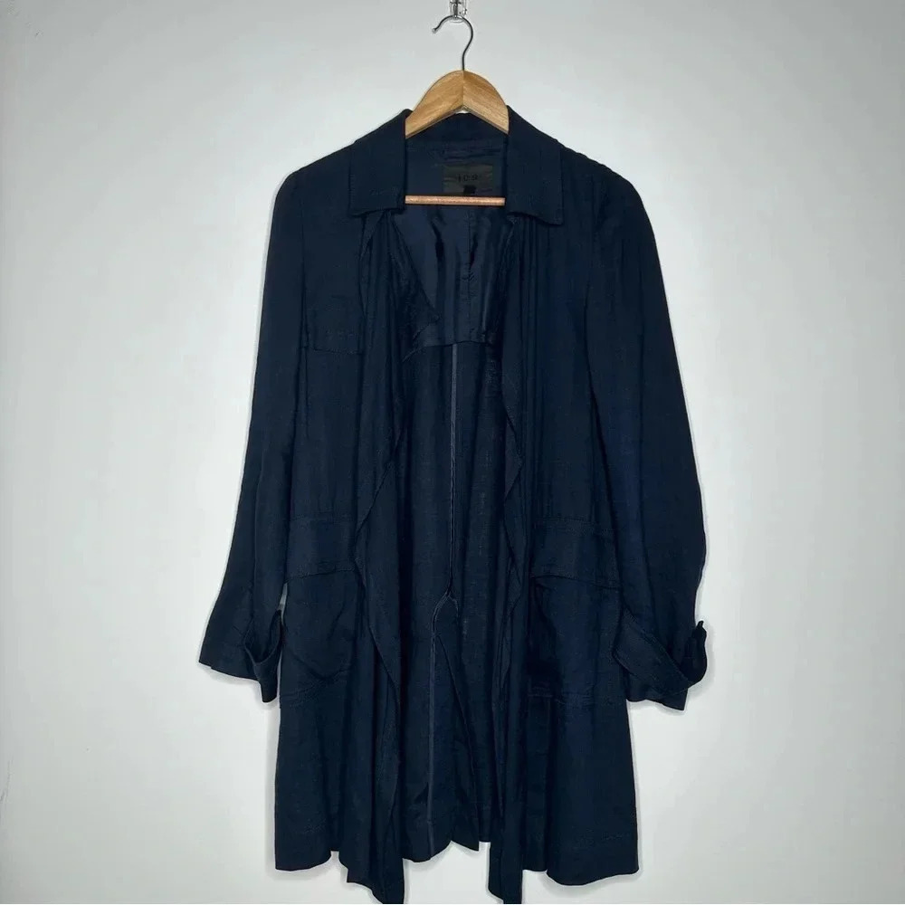 ICB Navy Blue Linen Silk Drape Front Trench Blazer Jacket Size Small